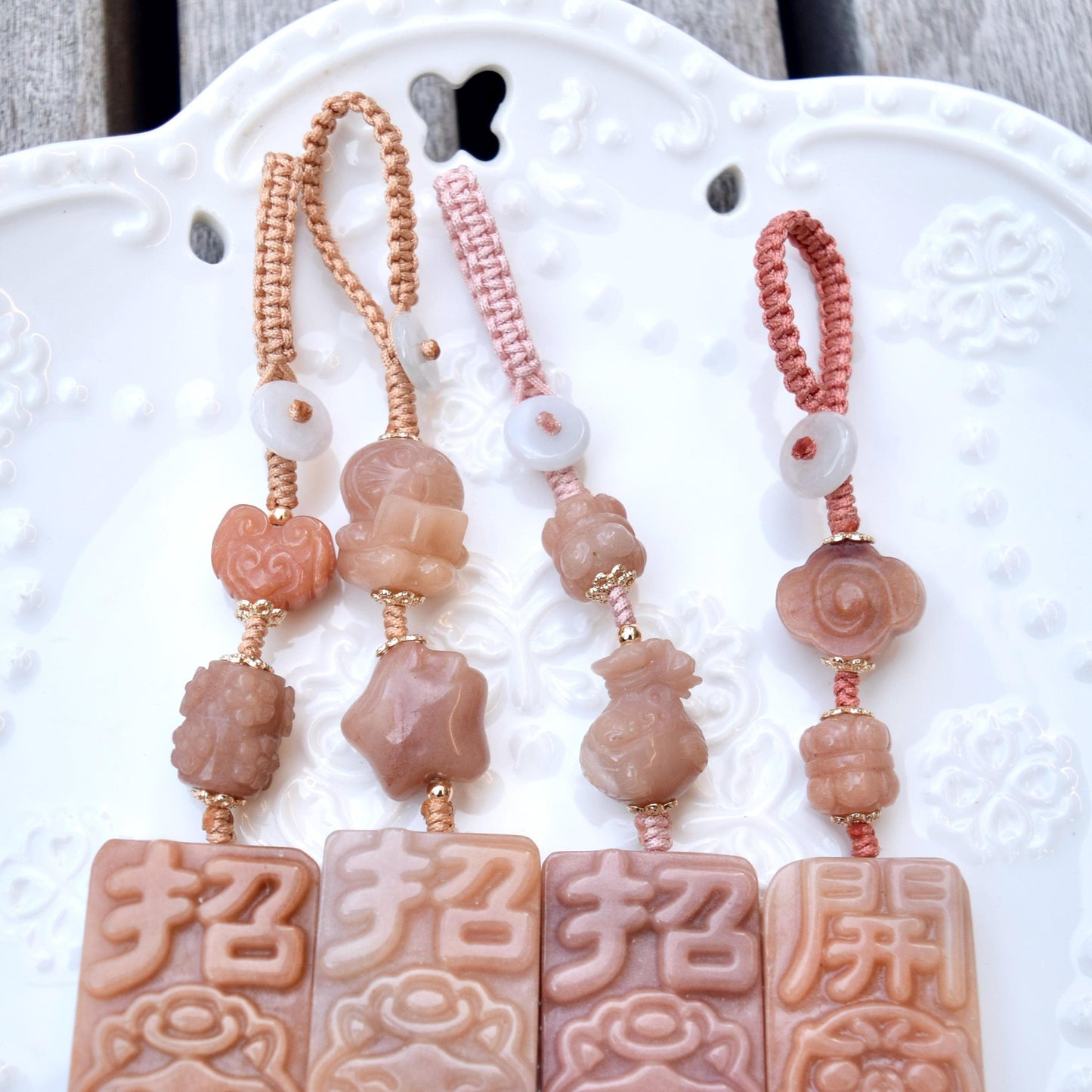 Lucky Cat Daruma Doll Ornament - Pink Jade Bag Charm Keychain