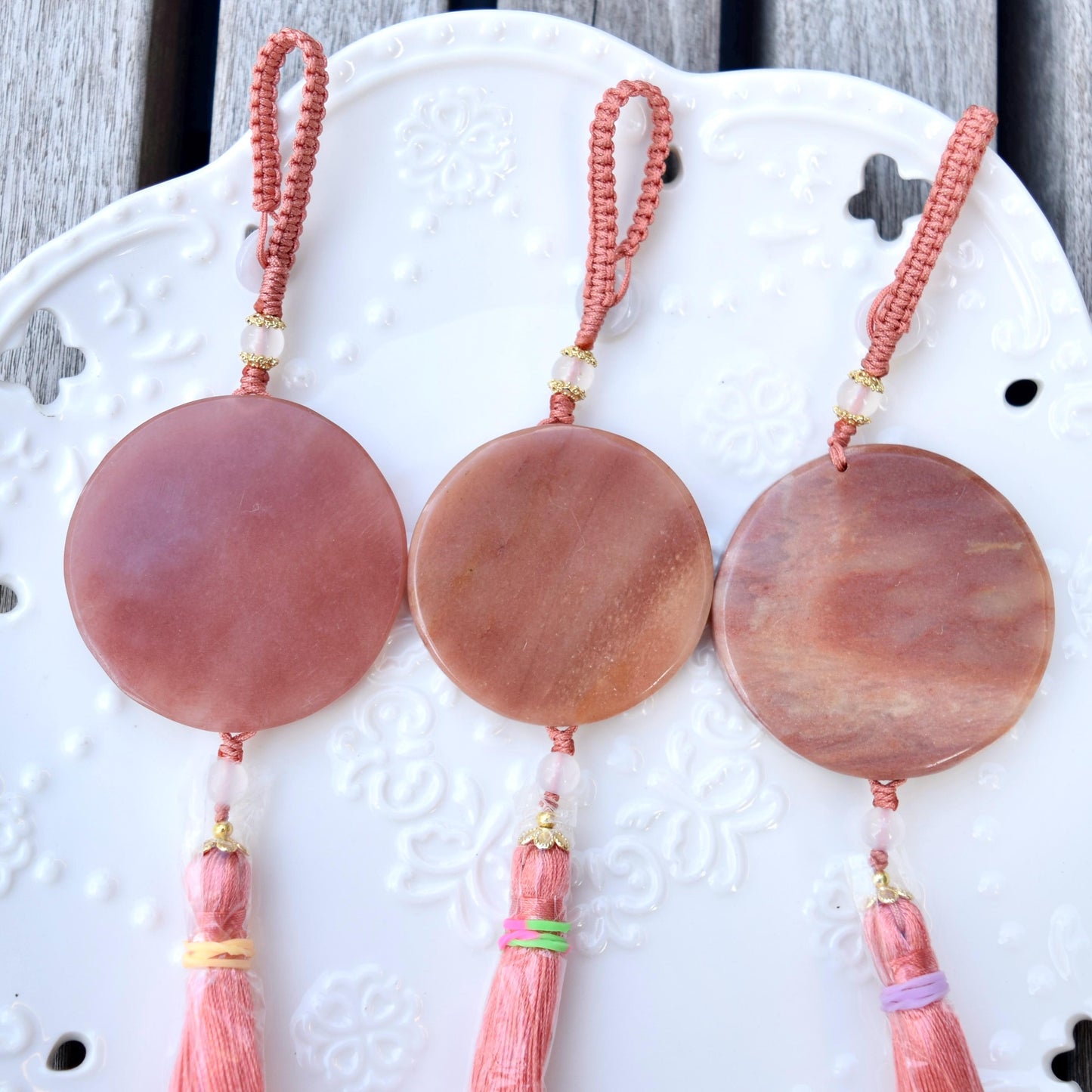 Pink Jade Dragon Lotus Bird Bag Charm Keychain - Tassel Hanging Ornament