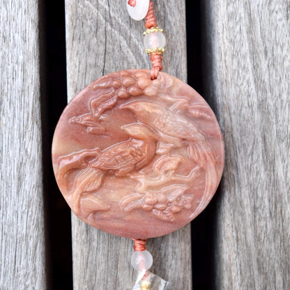 Pink Jade Dragon Lotus Bird Bag Charm Keychain - Tassel Hanging Ornament