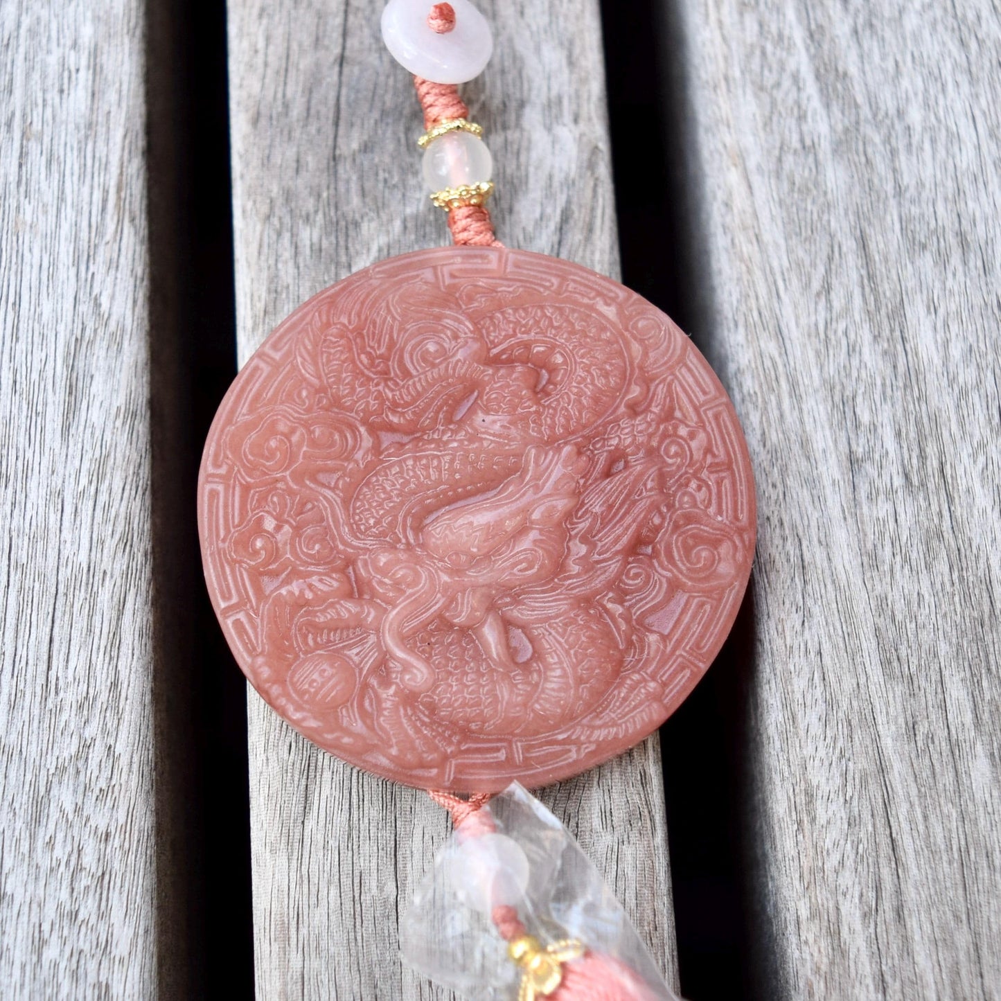 Pink Jade Dragon Lotus Bird Bag Charm Keychain - Tassel Hanging Ornament