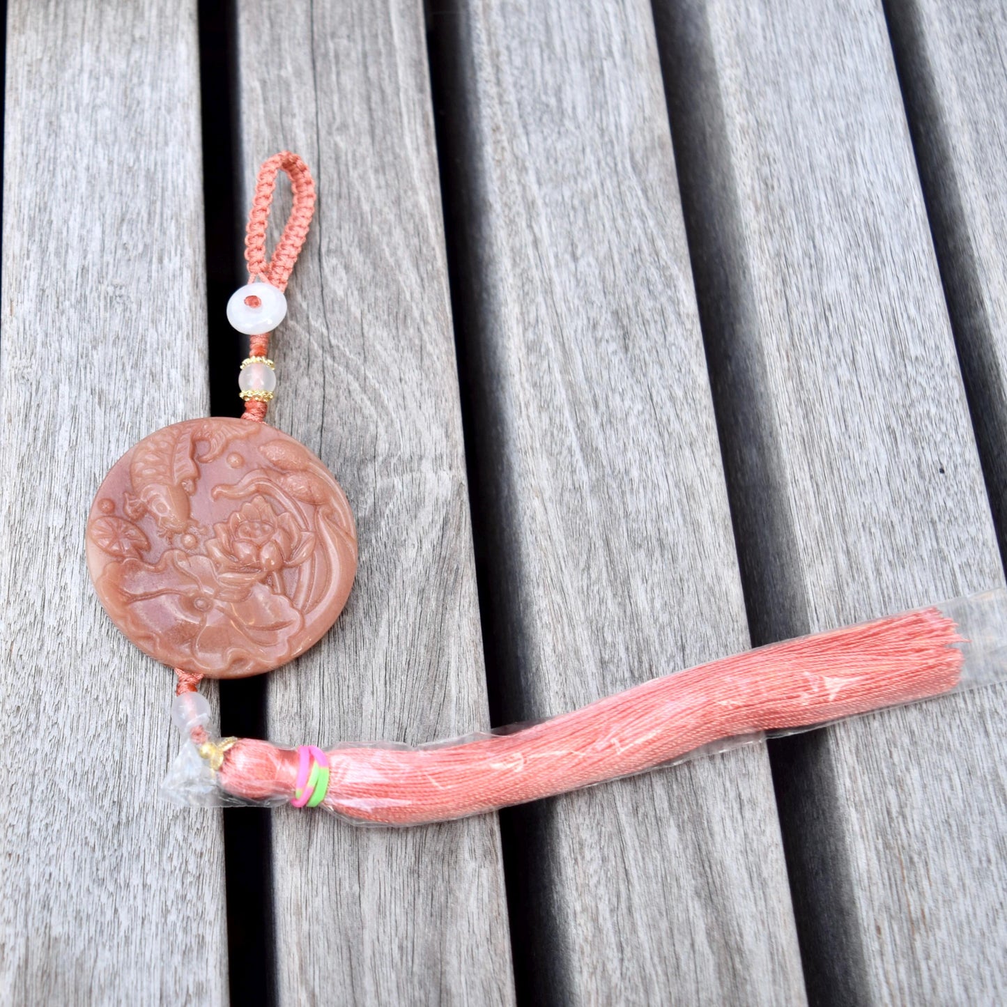 Pink Jade Dragon Lotus Bird Bag Charm Keychain - Tassel Hanging Ornament