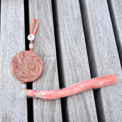 Pink Jade Dragon Lotus Bird Bag Charm Keychain - Tassel Hanging Ornament