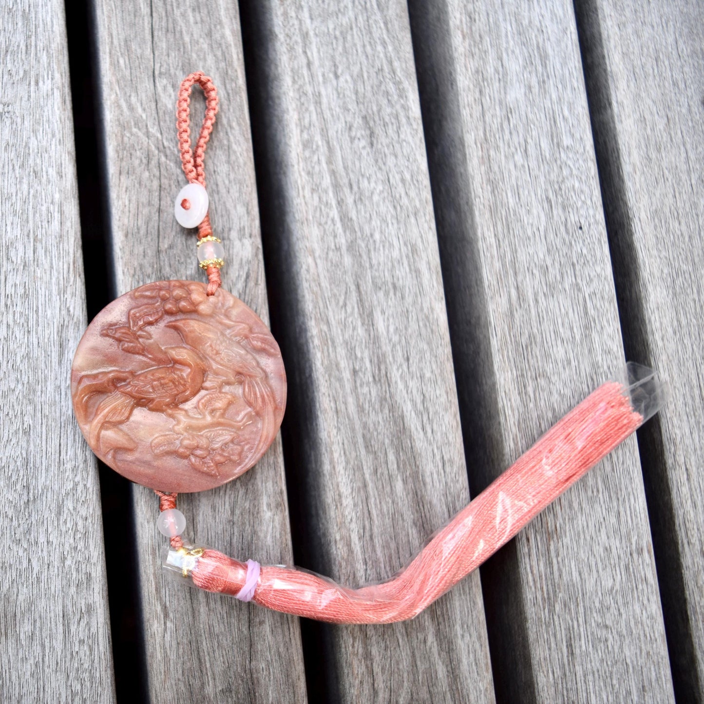 Pink Jade Dragon Lotus Bird Bag Charm Keychain - Tassel Hanging Ornament