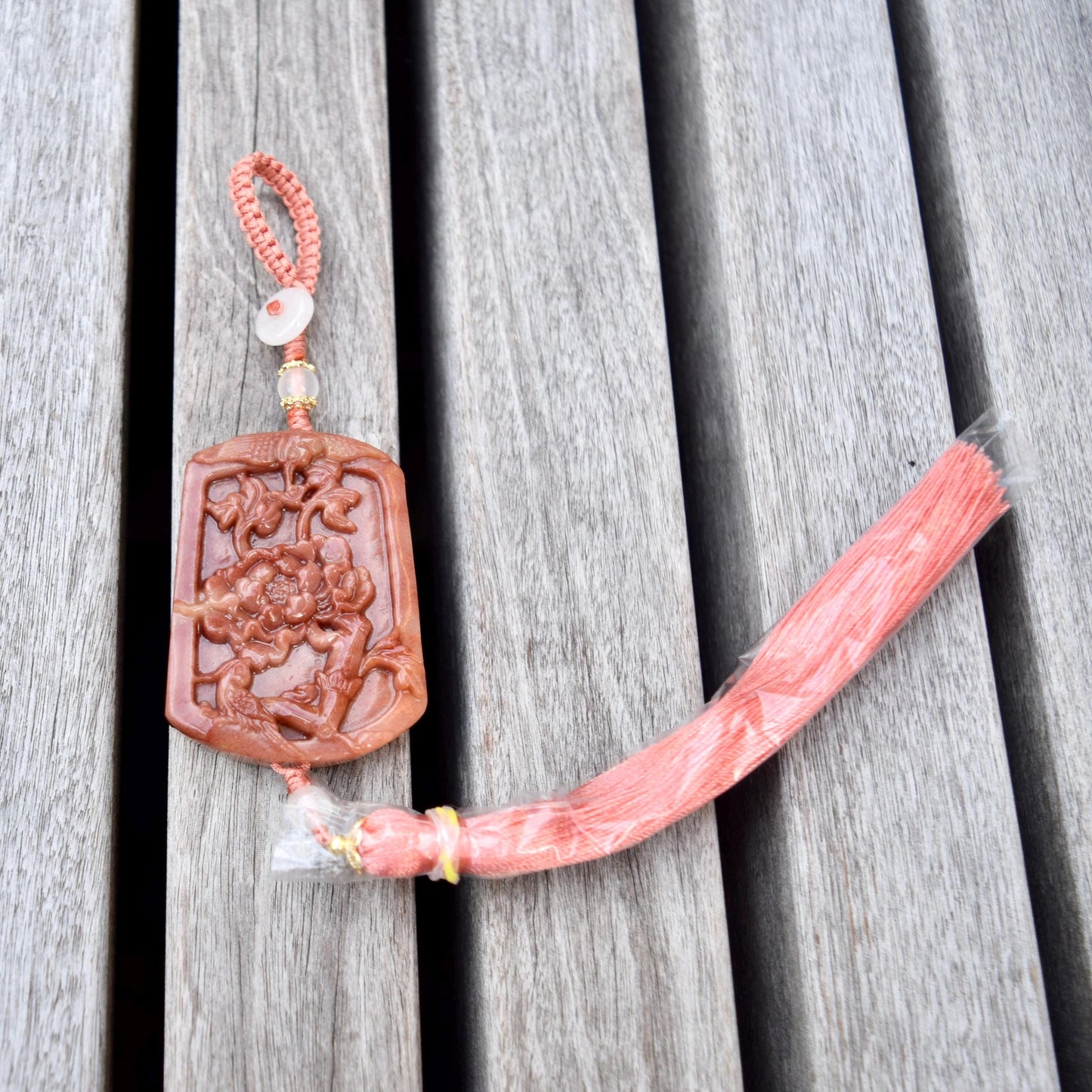 Pink Jade Bird Peony Bag Charm Keychain - Tassel Hanging Ornament