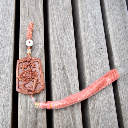 Pink Jade Bird Peony Bag Charm Keychain - Tassel Hanging Ornament