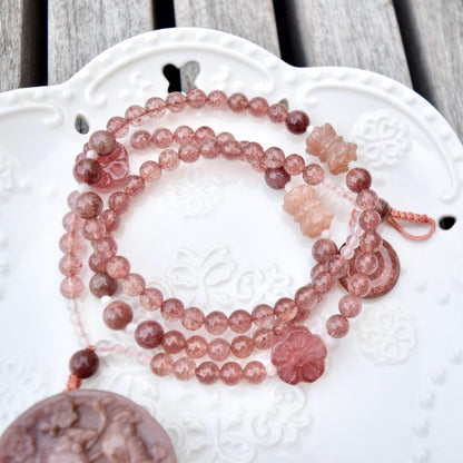 Bird Plum Blossom Jade Necklace - Pink Aventurine Quartz Beaded