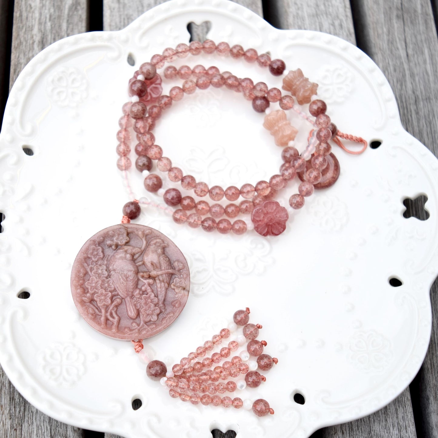 Bird Plum Blossom Jade Necklace - Pink Aventurine Quartz Beaded