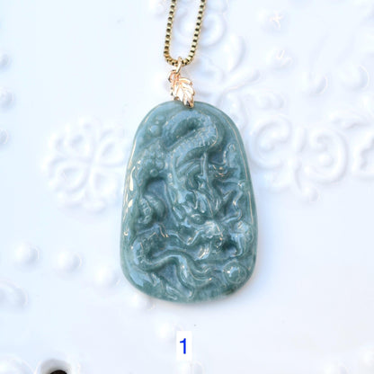 Green Jadeite Dragon Necklace - Gold Tone Stainless Steel Necklace