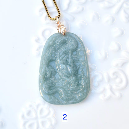 Green Jadeite Dragon Necklace - Gold Tone Stainless Steel Necklace