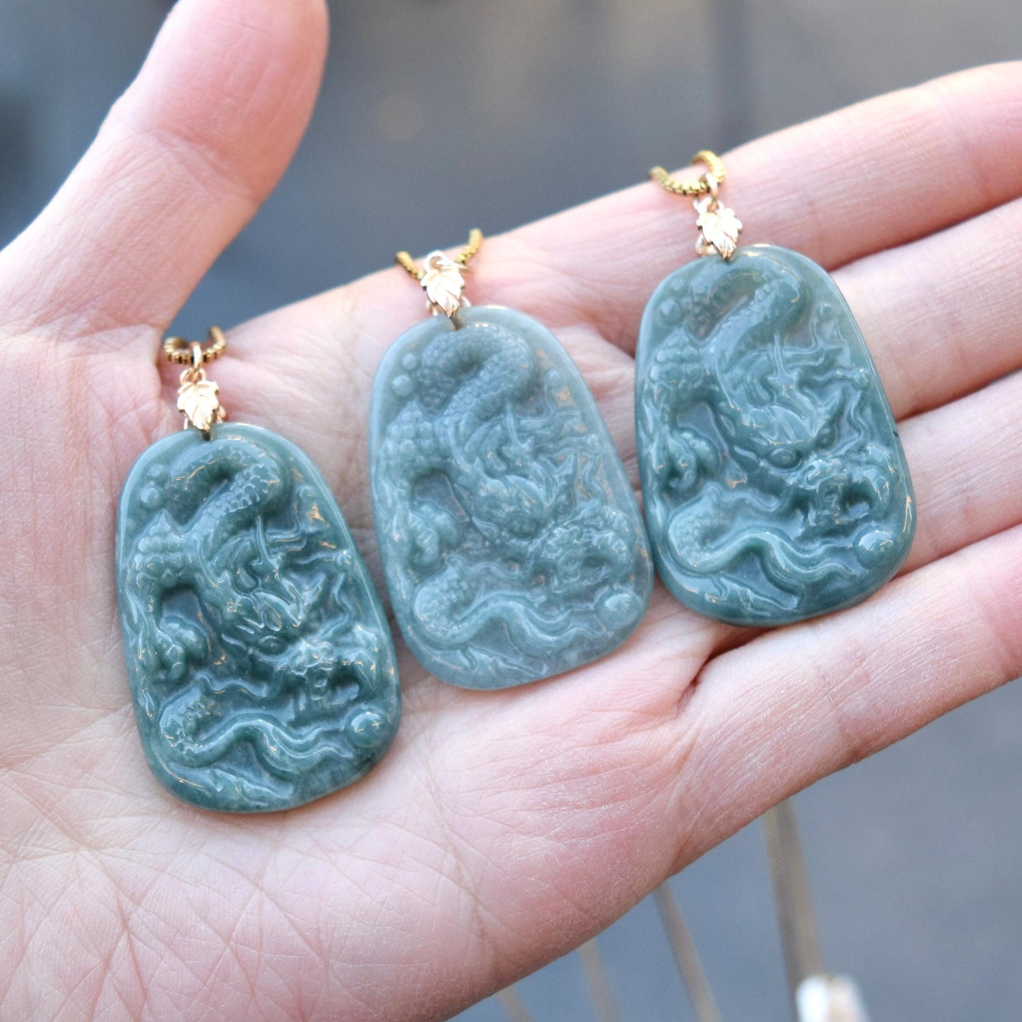 Green Jadeite Dragon Necklace - Gold Tone Stainless Steel Necklace