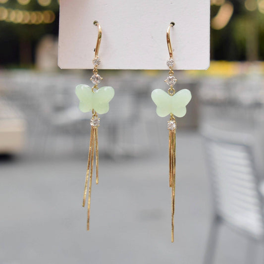 Green Butterfly Dangle Earrings - Jade Style Earrings