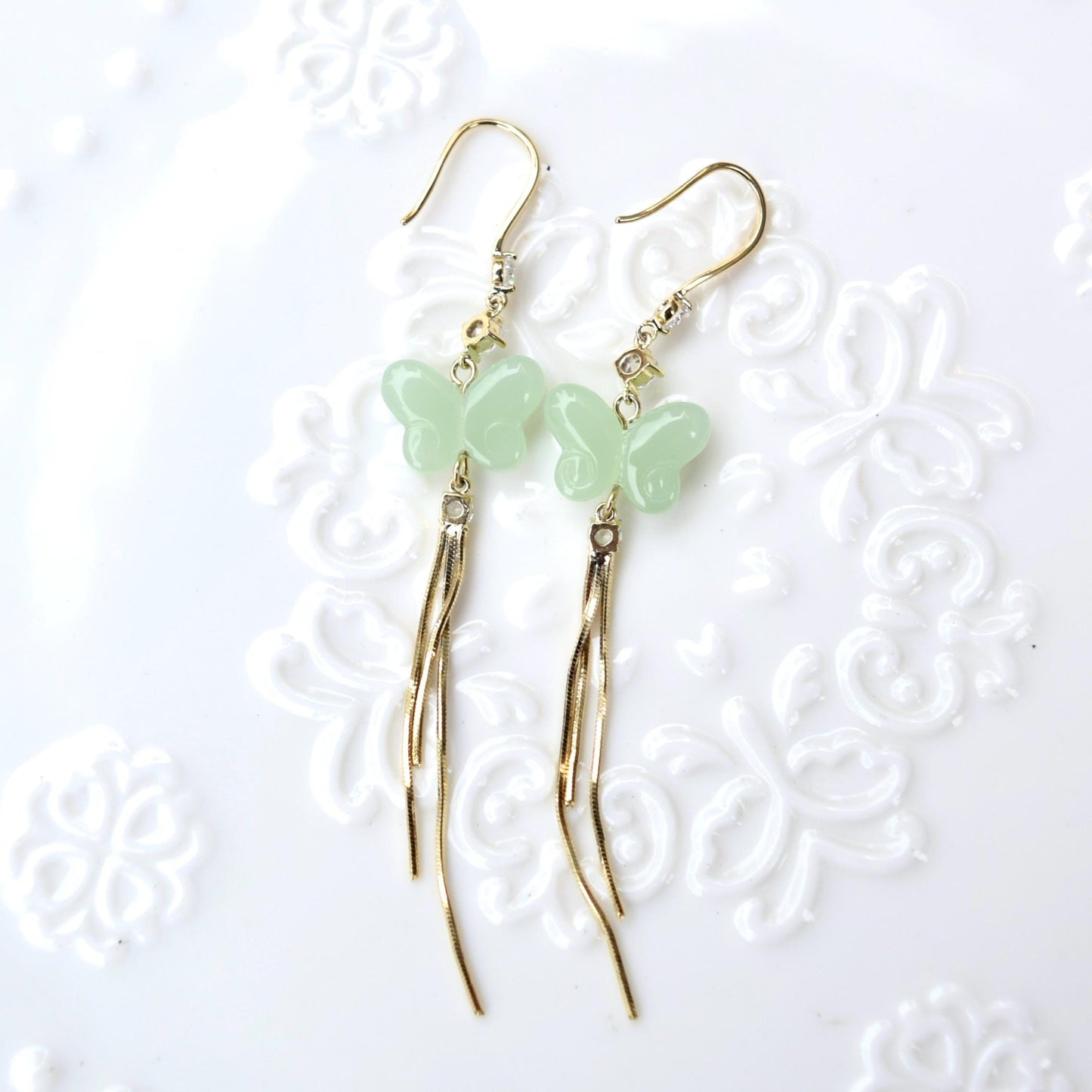 Green Butterfly Dangle Earrings - Jade Style Earrings
