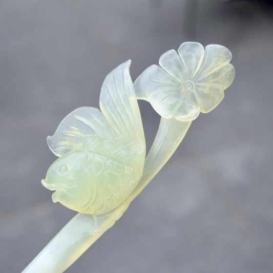 Green Icy Carved Fish Hairpin - Serpentine Jade Hair Stick