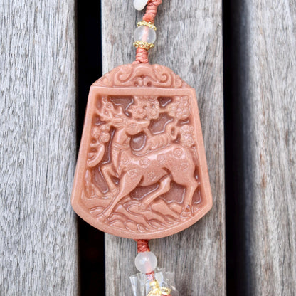 Pink Jade Flower Deer Bag Charm Keychain - Tassel Hanging Ornament