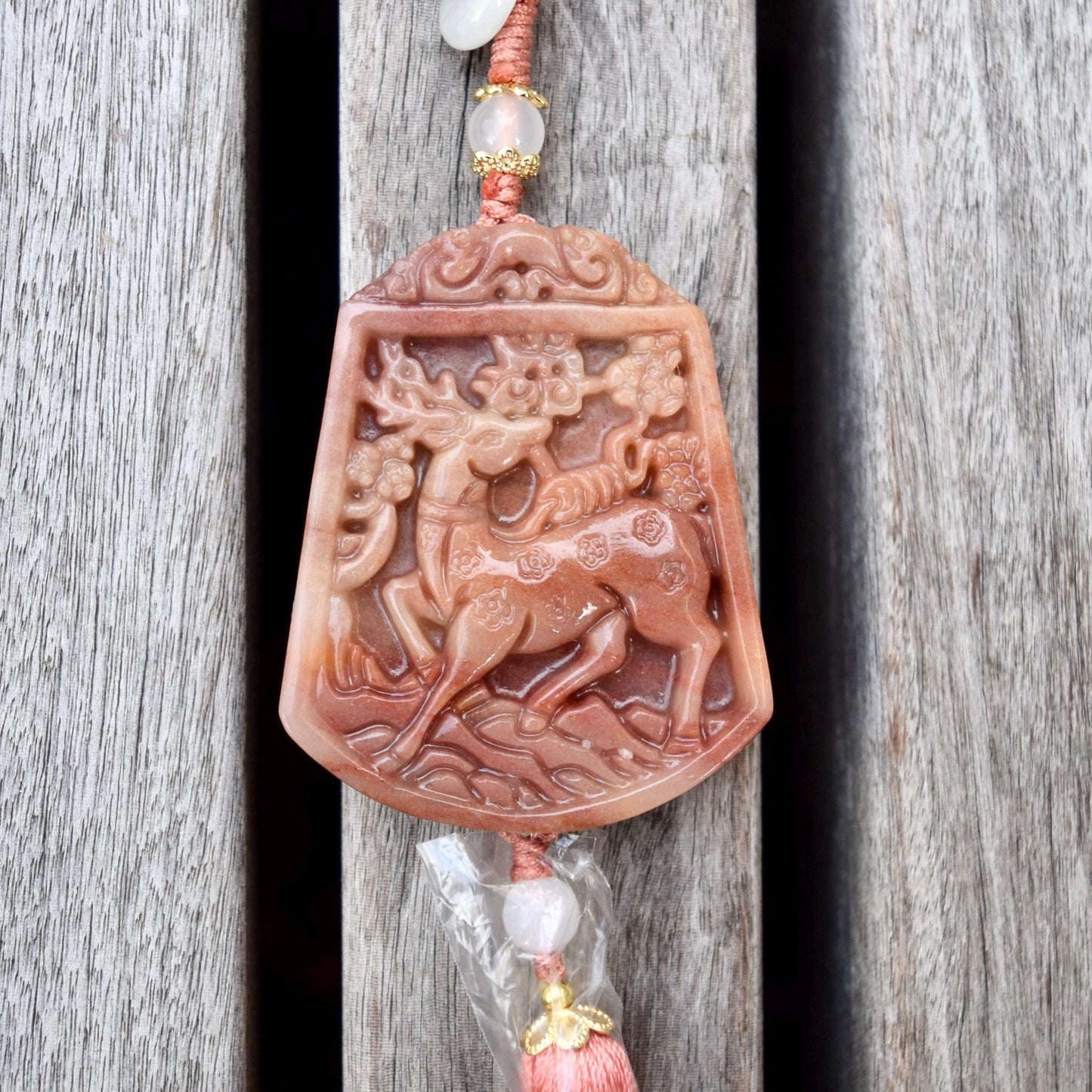 Pink Jade Flower Deer Bag Charm Keychain - Tassel Hanging Ornament