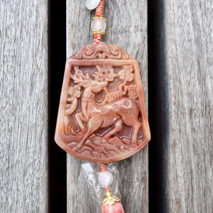 Pink Jade Flower Deer Bag Charm Keychain - Tassel Hanging Ornament