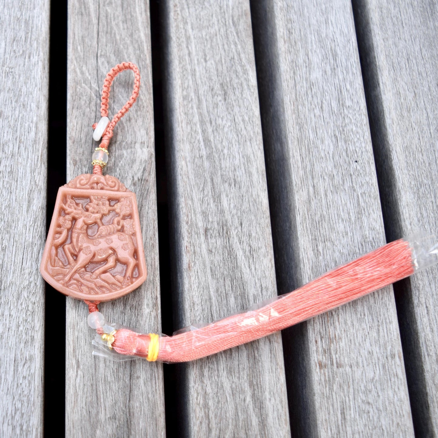 Pink Jade Flower Deer Bag Charm Keychain - Tassel Hanging Ornament