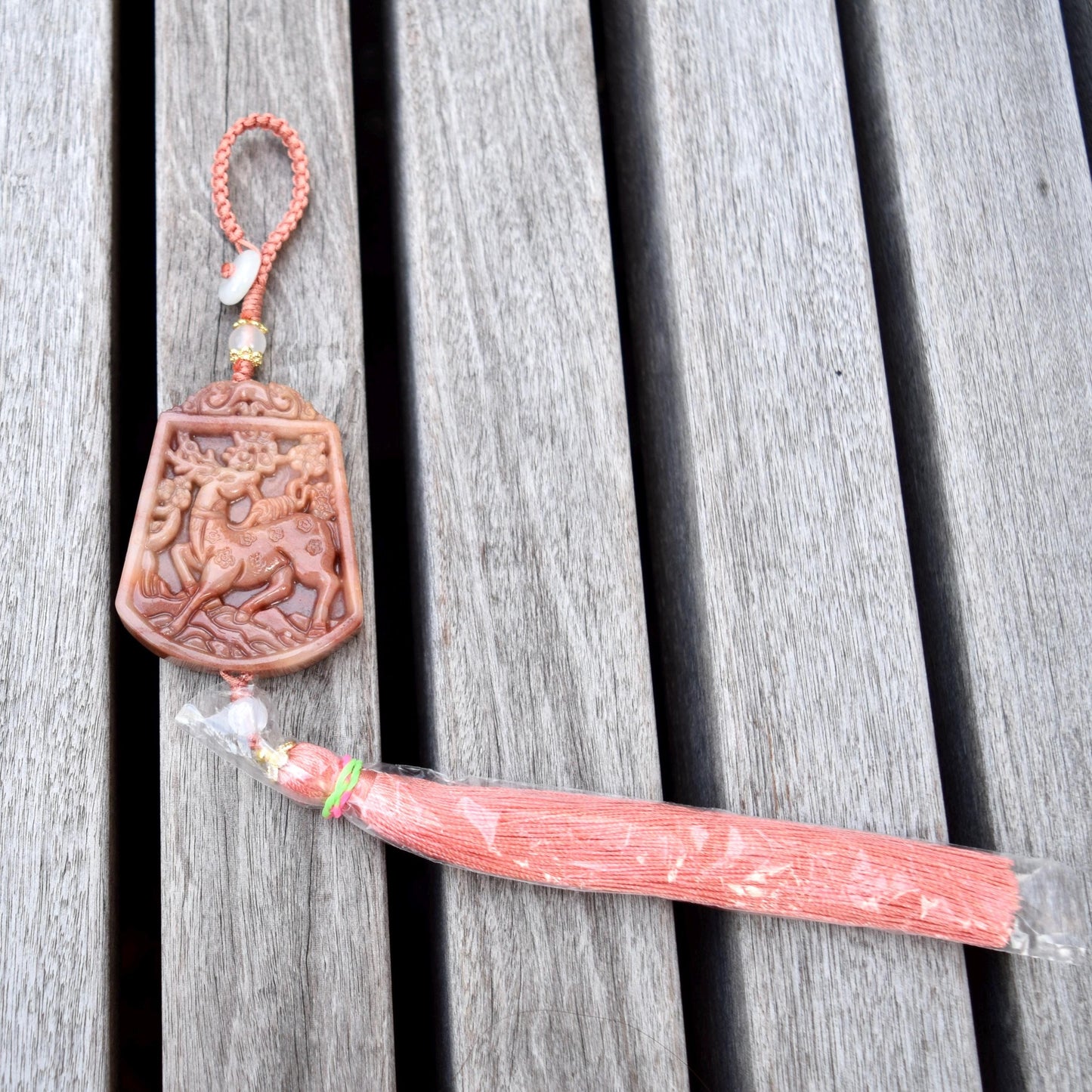 Pink Jade Flower Deer Bag Charm Keychain - Tassel Hanging Ornament