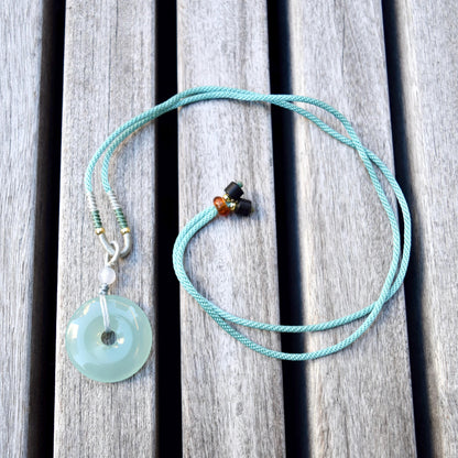 Green Agate Peace Buckle Donut Necklace - 平安扣