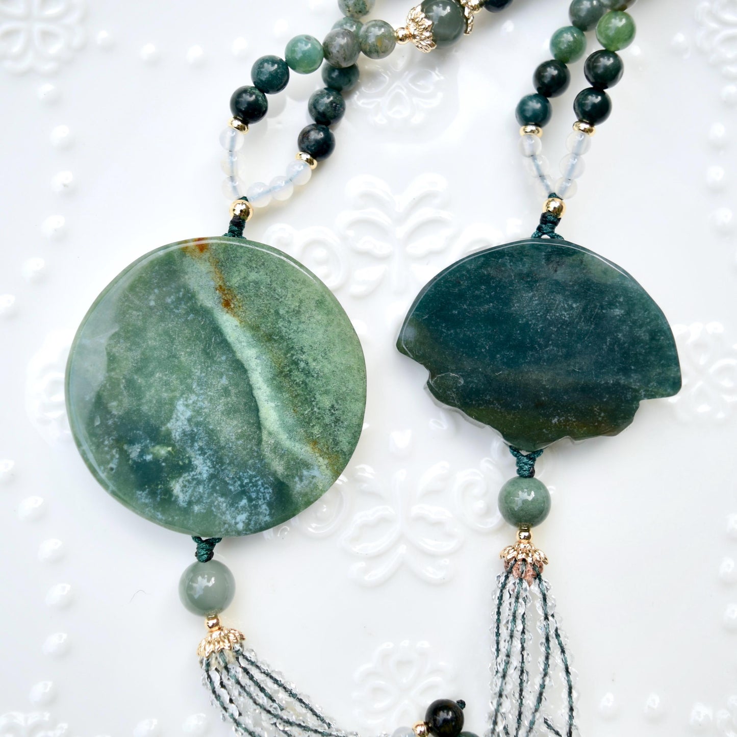 Green Flora Fan Phoenix Necklace - Ocean Jasper Long Necklace
