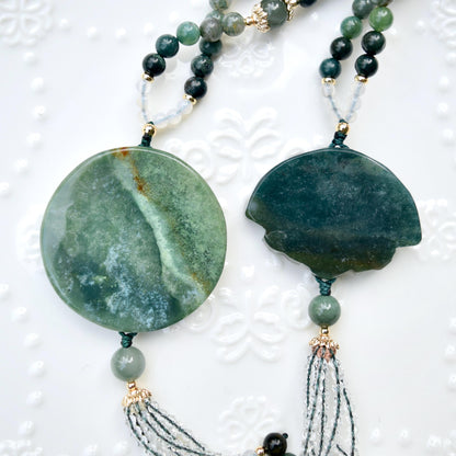 Green Flora Fan Phoenix Necklace - Ocean Jasper Long Necklace