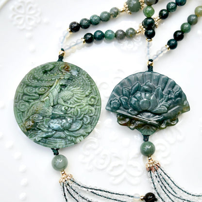 Green Flora Fan Phoenix Necklace - Ocean Jasper Long Necklace