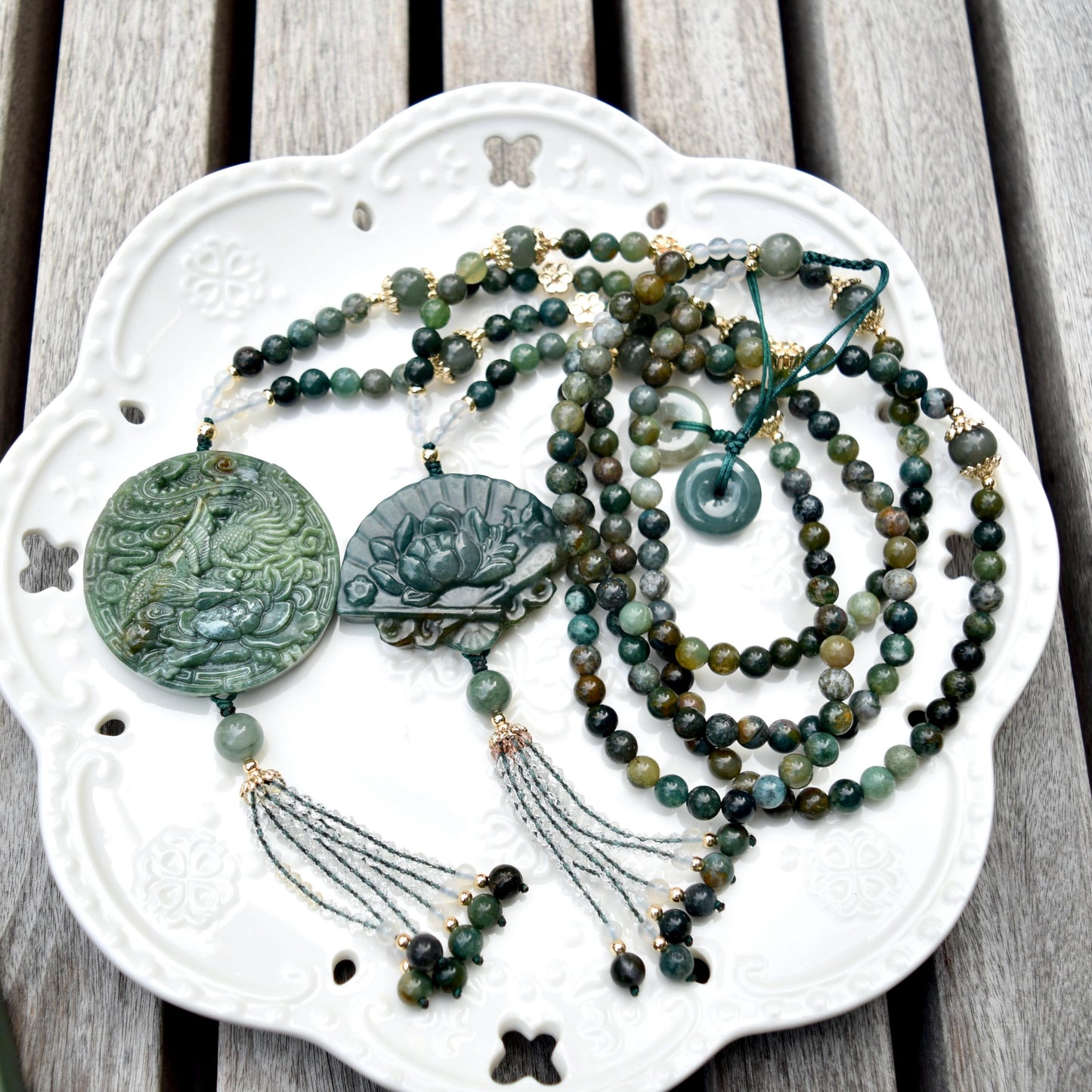 Green Flora Fan Phoenix Necklace - Ocean Jasper Long Necklace