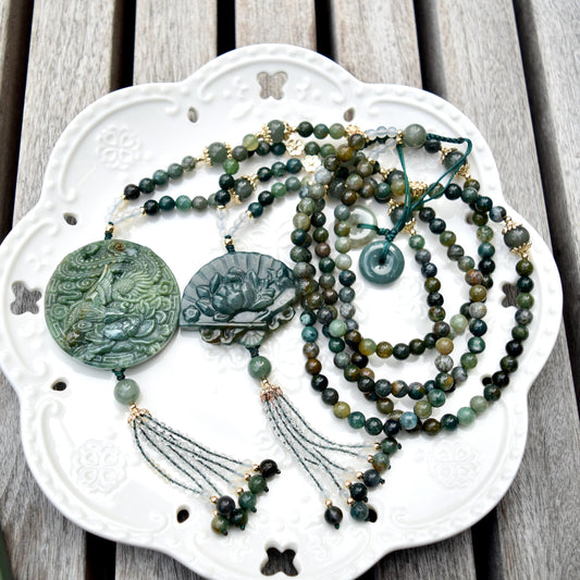 Green Flora Fan Phoenix Necklace - Ocean Jasper Long Necklace