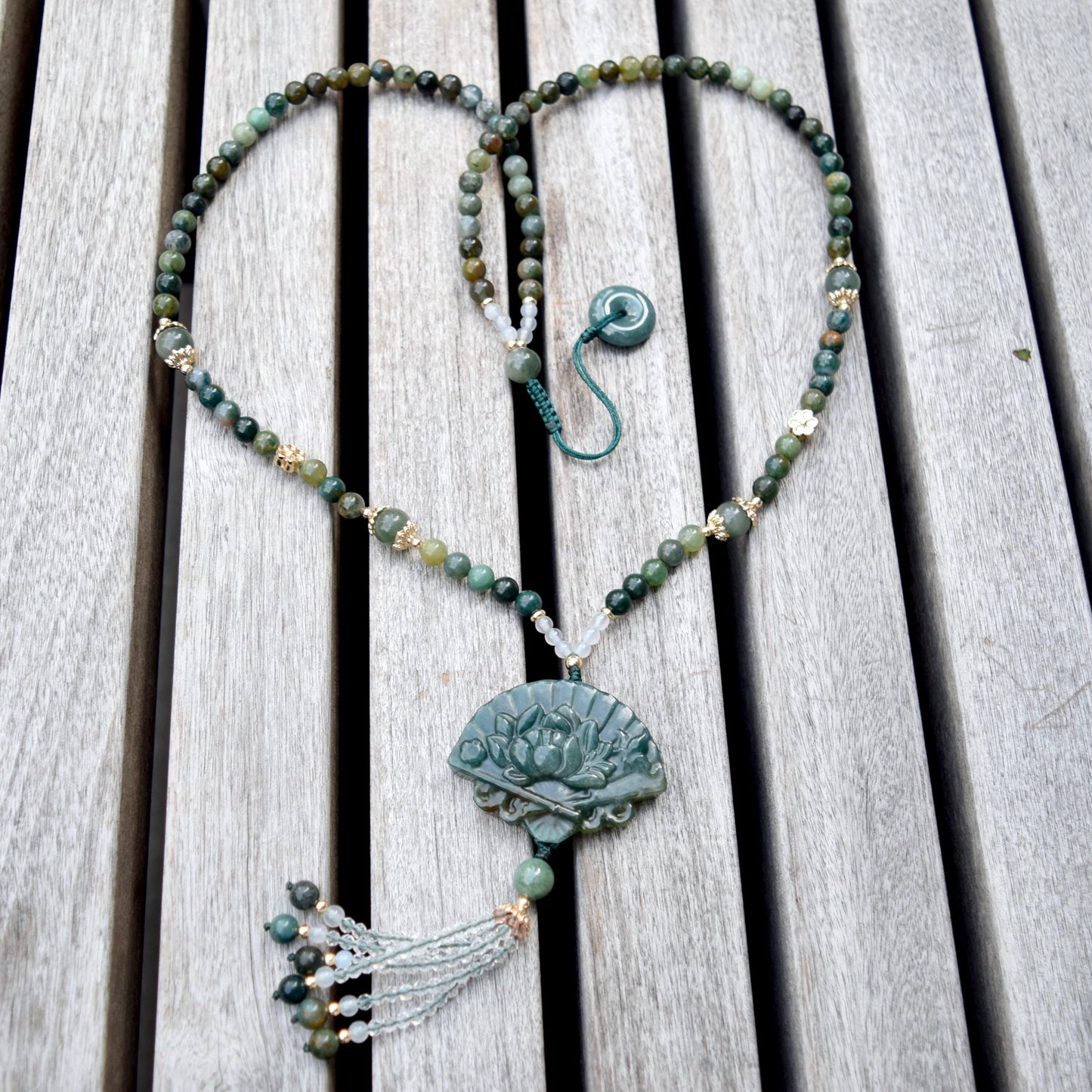 Green Flora Fan Phoenix Necklace - Ocean Jasper Long Necklace