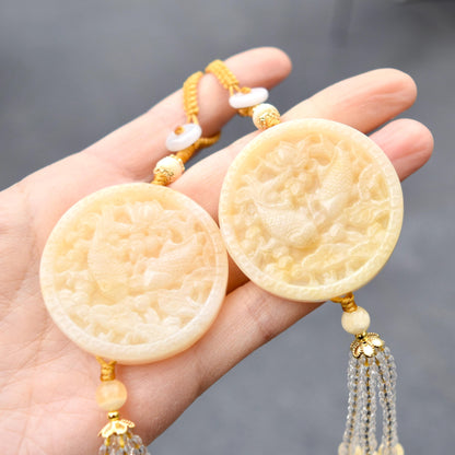 Yellow Lotus Fish Tassel Ornament - Chinese Jade Bag Charm