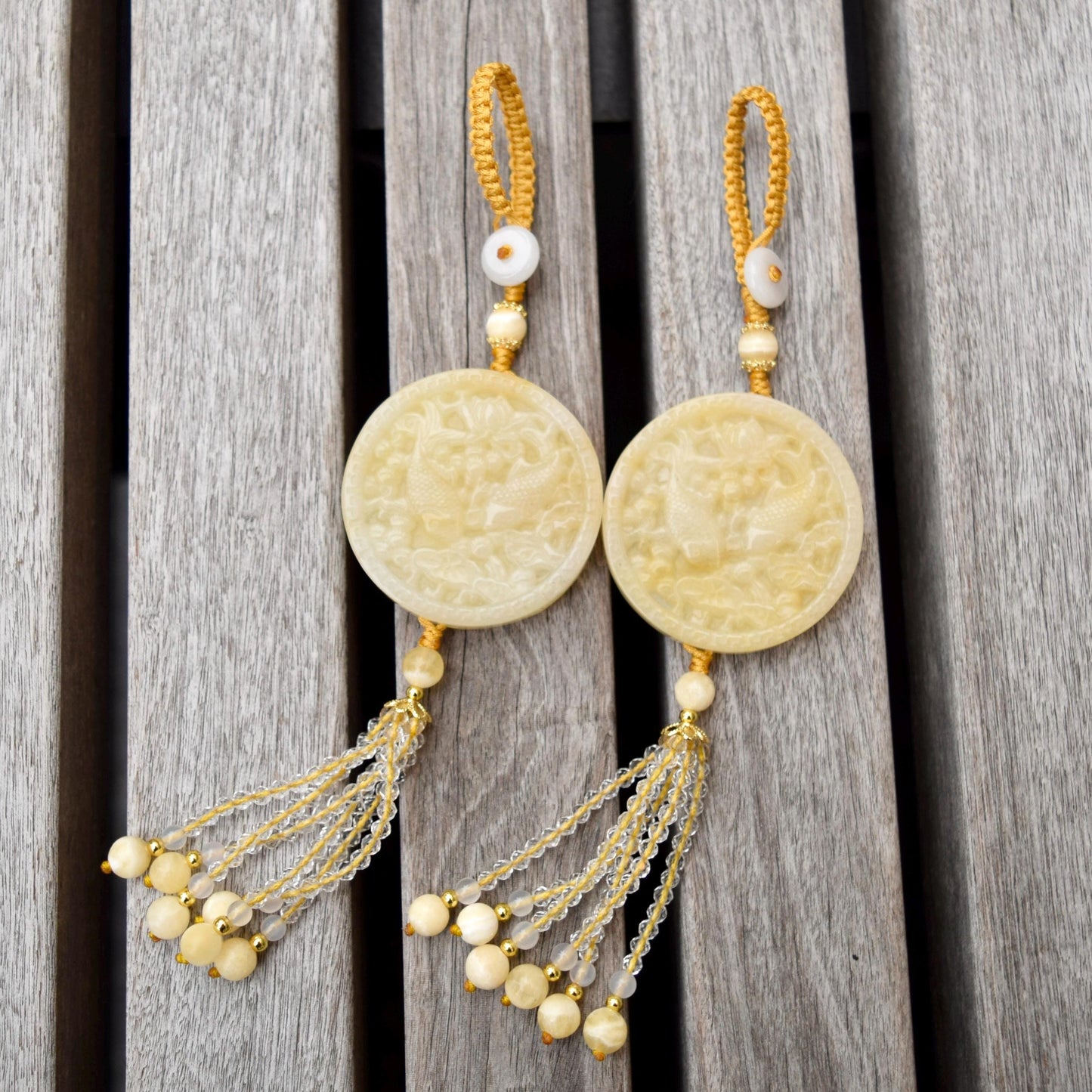 Yellow Lotus Fish Tassel Ornament - Chinese Jade Bag Charm