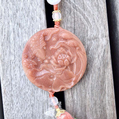 Pink Jade Dragon Lotus Bird Bag Charm Keychain - Tassel Hanging Ornament