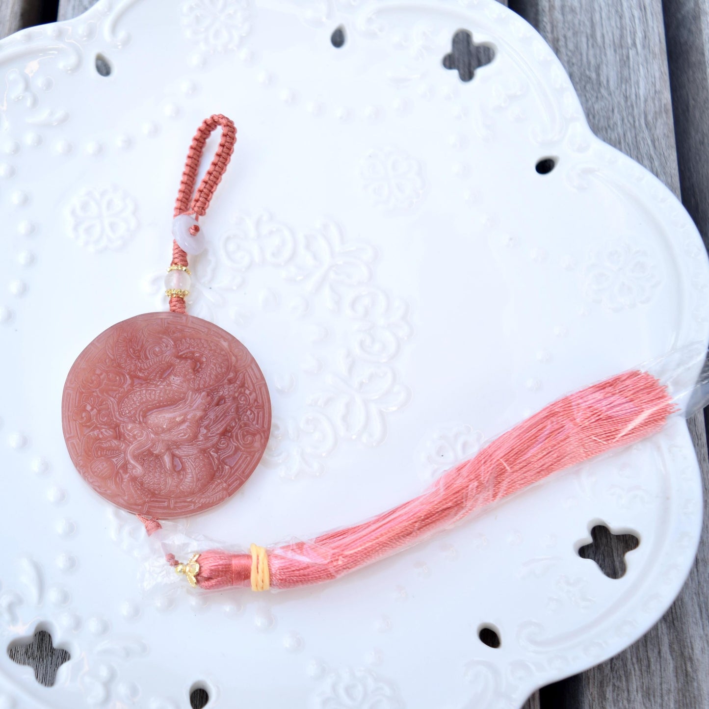 Pink Jade Dragon Lotus Bird Bag Charm Keychain - Tassel Hanging Ornament