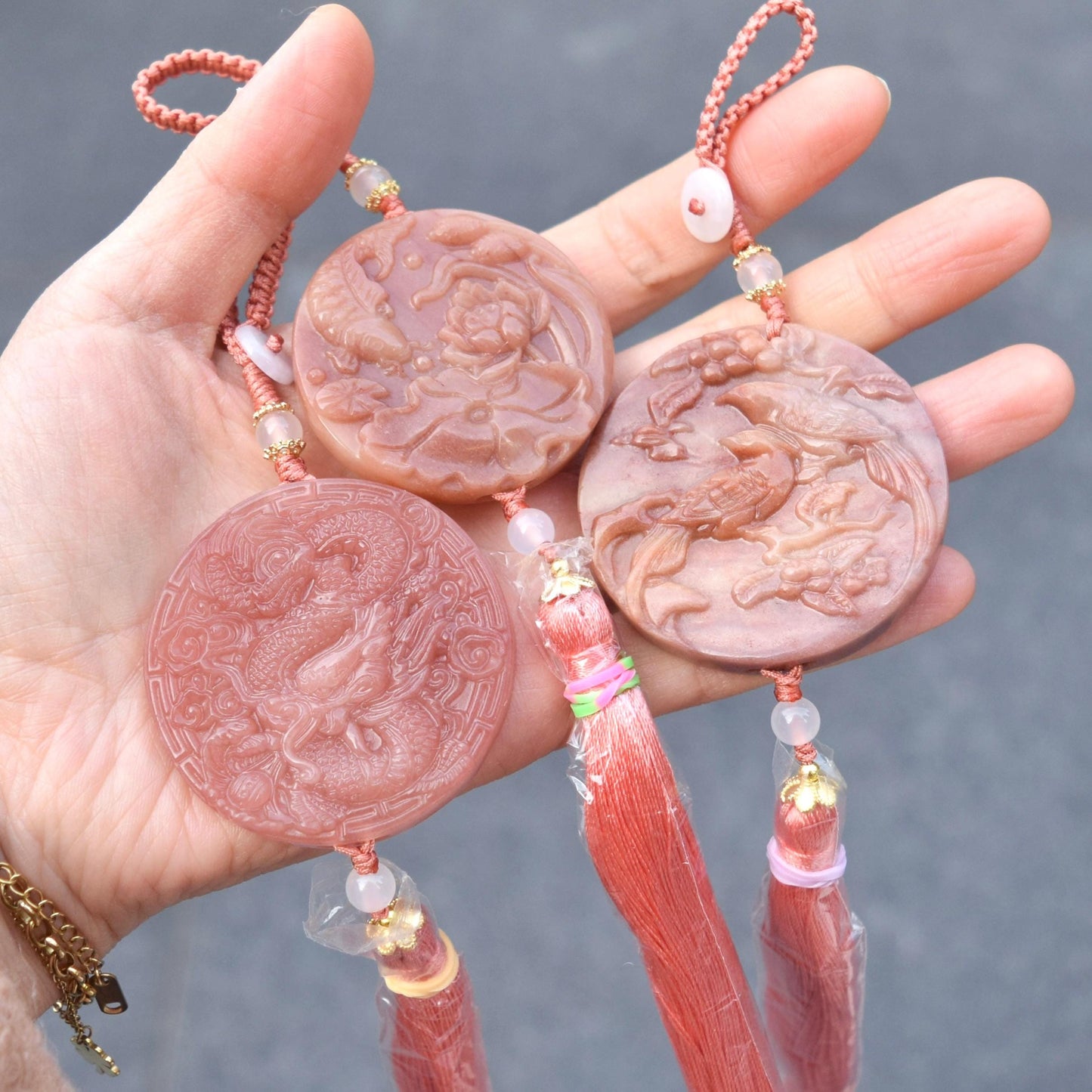 Pink Jade Dragon Lotus Bird Bag Charm Keychain - Tassel Hanging Ornament