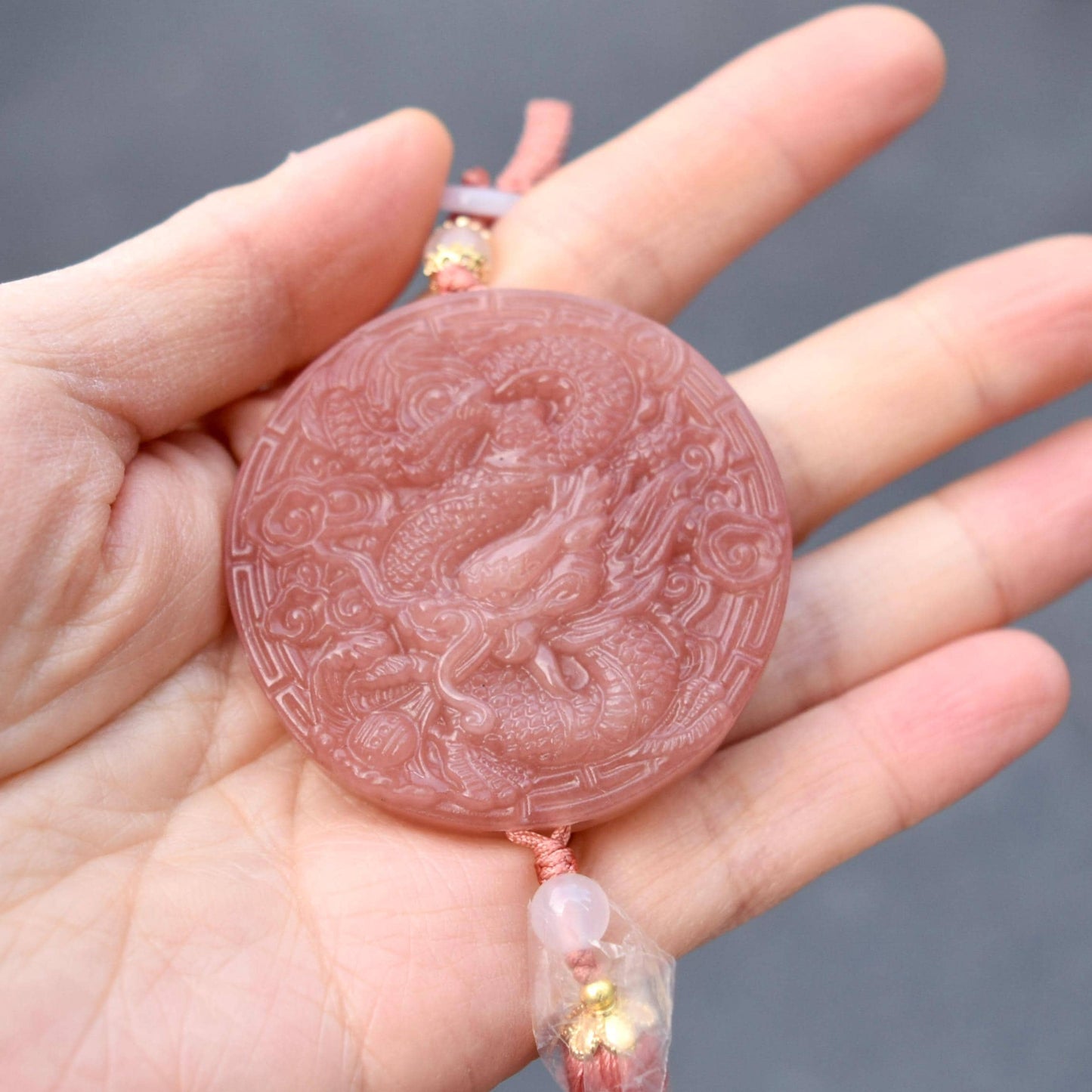 Pink Jade Dragon Lotus Bird Bag Charm Keychain - Tassel Hanging Ornament