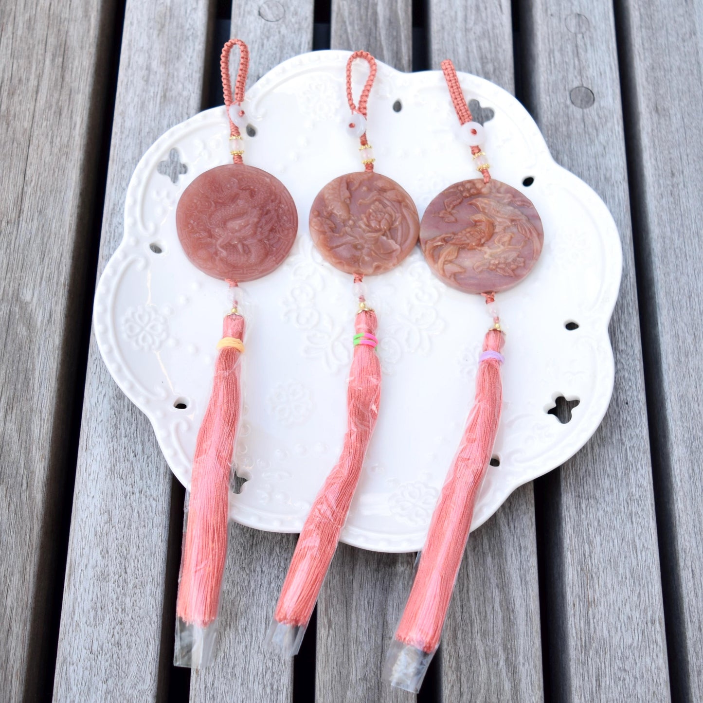 Pink Jade Dragon Lotus Bird Bag Charm Keychain - Tassel Hanging Ornament