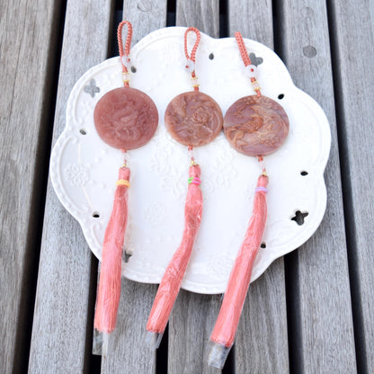 Pink Jade Dragon Lotus Bird Bag Charm Keychain - Tassel Hanging Ornament