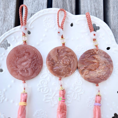 Pink Jade Dragon Lotus Bird Bag Charm Keychain - Tassel Hanging Ornament