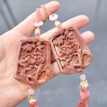 Pink Jade Bird Peony Bag Charm Keychain - Tassel Hanging Ornament