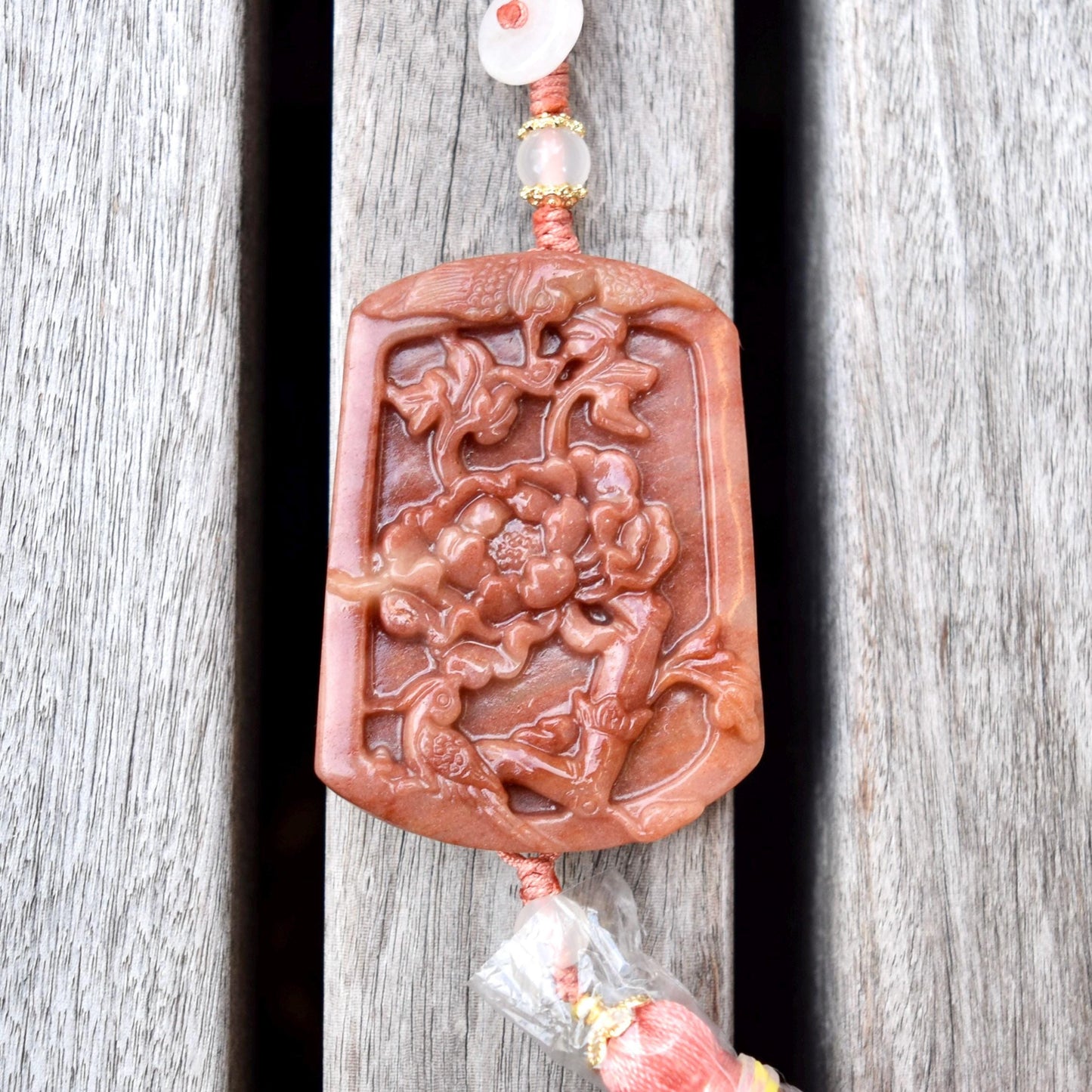Pink Jade Bird Peony Bag Charm Keychain - Tassel Hanging Ornament