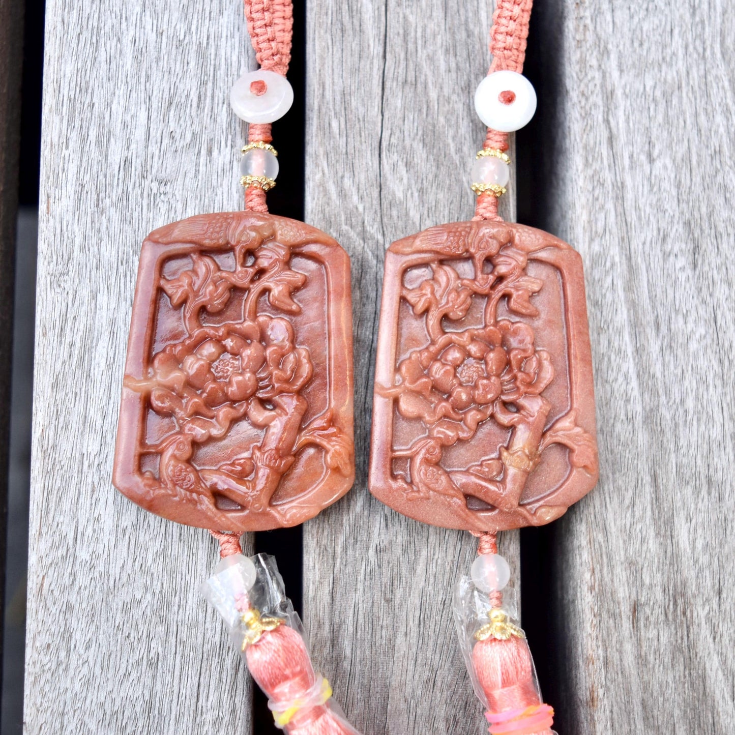 Pink Jade Bird Peony Bag Charm Keychain - Tassel Hanging Ornament