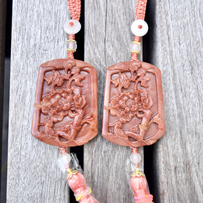 Pink Jade Bird Peony Bag Charm Keychain - Tassel Hanging Ornament