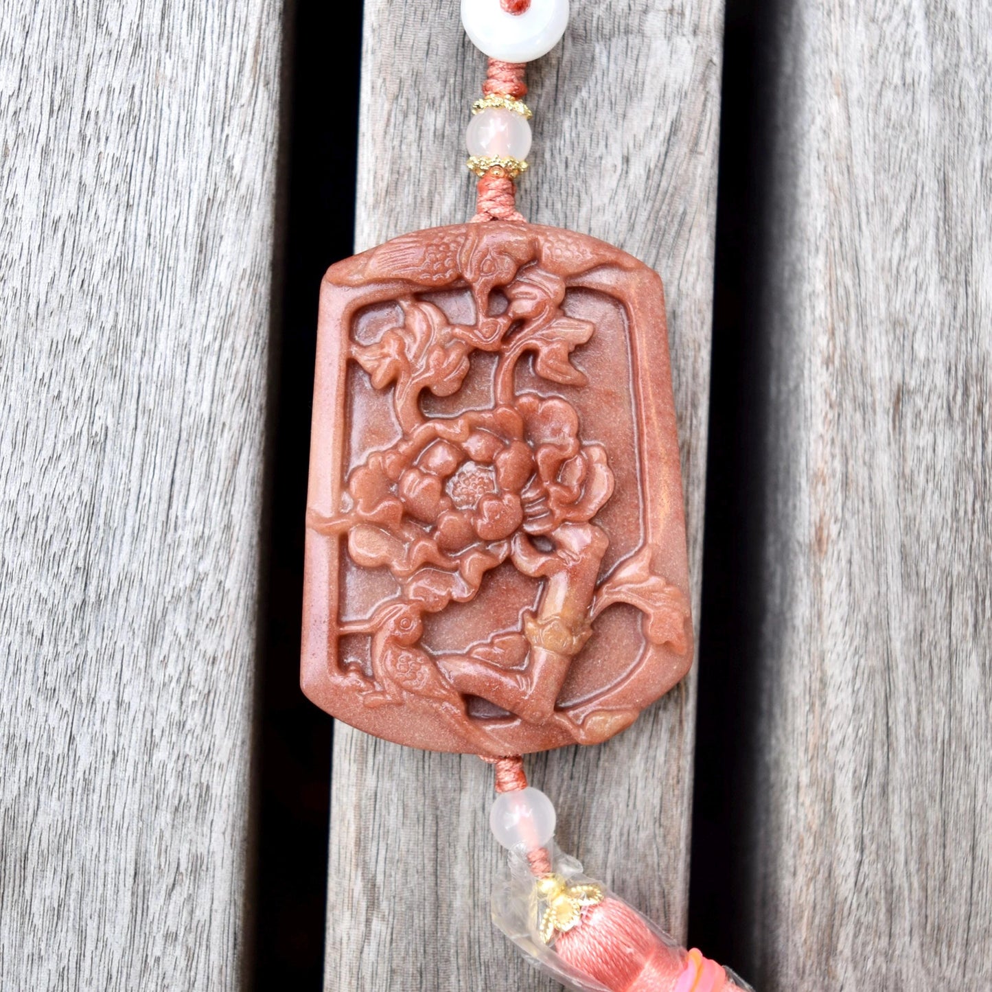 Pink Jade Bird Peony Bag Charm Keychain - Tassel Hanging Ornament