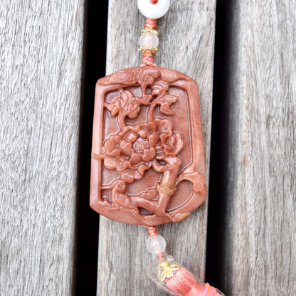 Pink Jade Bird Peony Bag Charm Keychain - Tassel Hanging Ornament