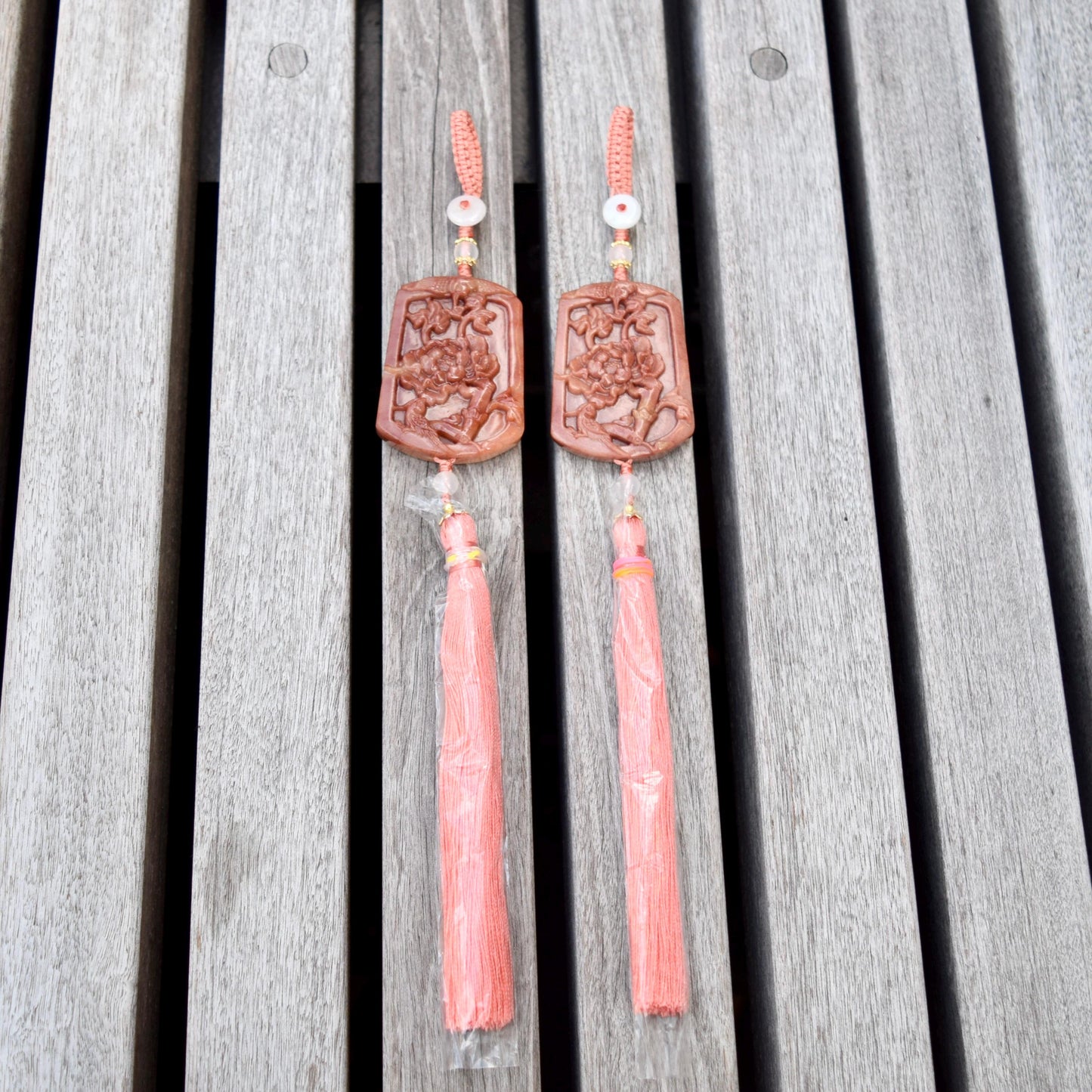 Pink Jade Bird Peony Bag Charm Keychain - Tassel Hanging Ornament