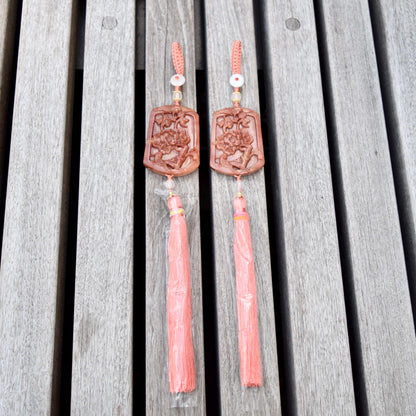 Pink Jade Bird Peony Bag Charm Keychain - Tassel Hanging Ornament