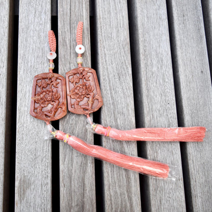 Pink Jade Bird Peony Bag Charm Keychain - Tassel Hanging Ornament