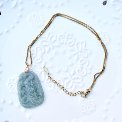 Green Jadeite Dragon Necklace - Gold Tone Stainless Steel Necklace