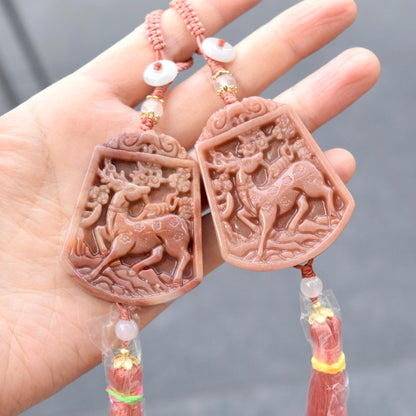 Pink Jade Flower Deer Bag Charm Keychain - Tassel Hanging Ornament