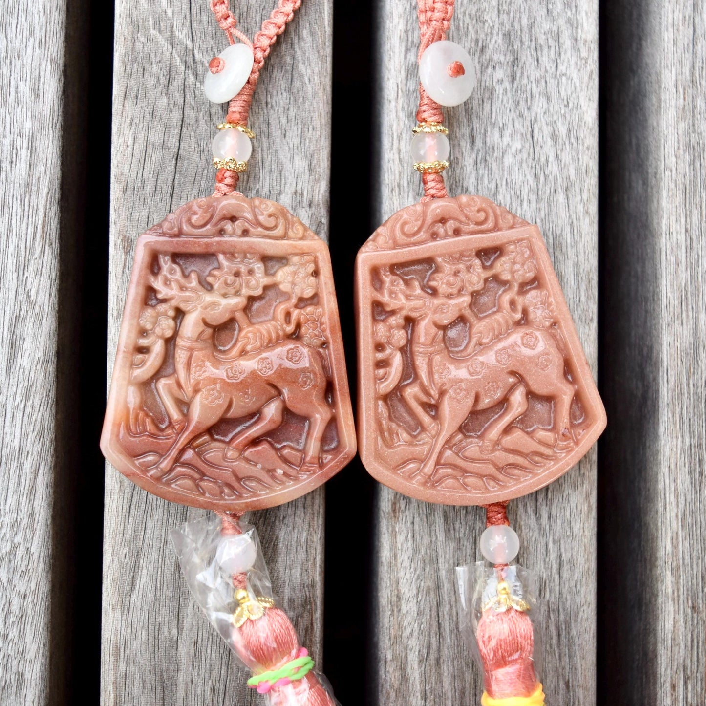 Pink Jade Flower Deer Bag Charm Keychain - Tassel Hanging Ornament